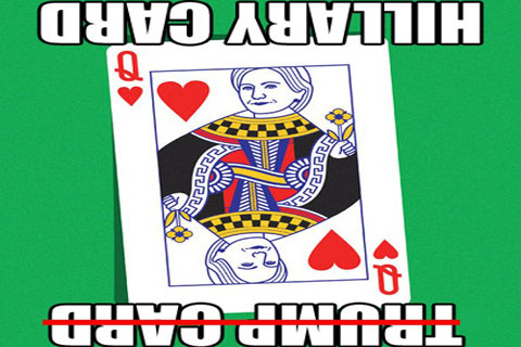 হিলারি পক্ষের প্রচারিত অসংখ্য ব্যঙ্গচিত্রের একটি। এতে ট্রাম্পের সম্ভাবনাকে লাল কালি দিয়ে কেটে দেয়া হয় এবং হিলারির নামটি ওপরের অংশে রাখা হয়। কার্ডের দুই প্রন্তেই হিলারির ছবি। এখানে মূল কার্টুনচিত্রটি আমরা উল্টে দিয়েছি। কারণ বাস্তবে তাই ঘটেছে